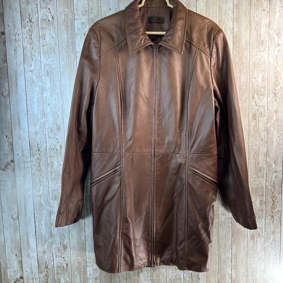Danier‎ Vintage Leather Jacket Womens 2XL Brown Full Zip Butter Soft Above Knee - Picture 1 of 13